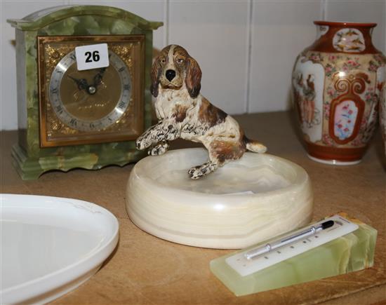 Cold painted bronze springer spaniel onyx dish, an onyx timepiece and a thermometer